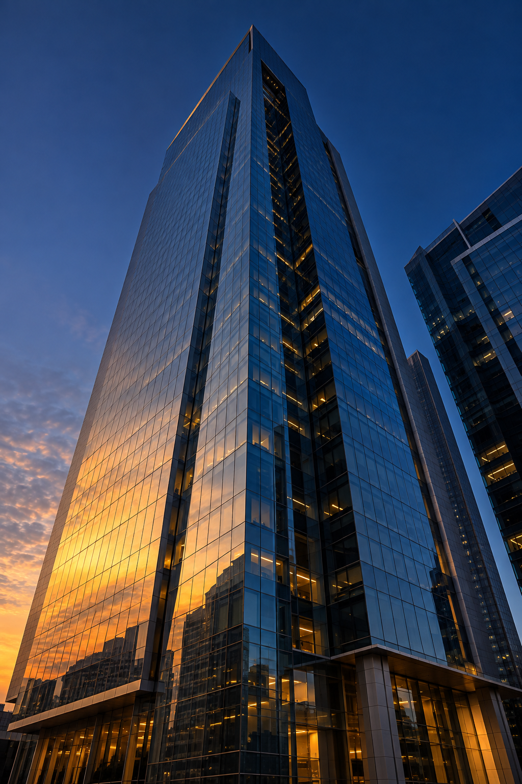 Modern commercial architecture rising into the evening sky